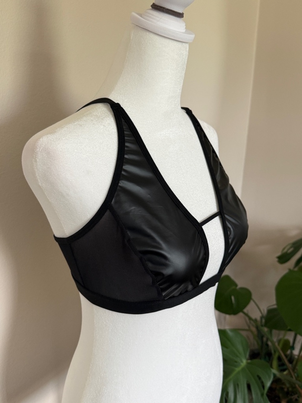 Black Strappy Faux Leather & Sheer Bra — Women Intimates, XL - Picture 2 of 6